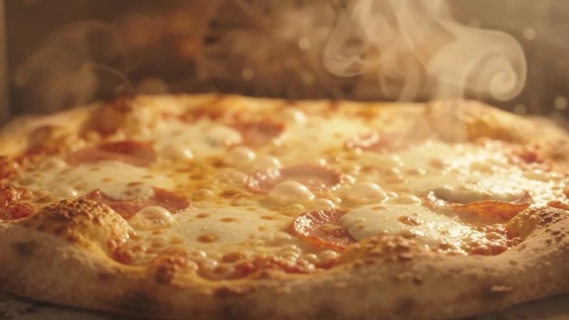 A pizza baking golden with steam rising inside the oven