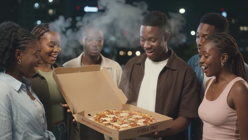 Friends opening a Swaggers pizza box together at night