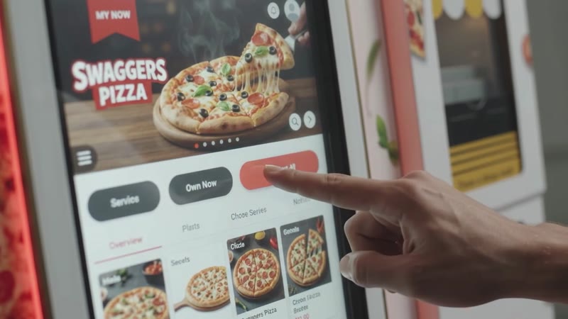 A finger choosing a pizza on the Swaggers touchscreen